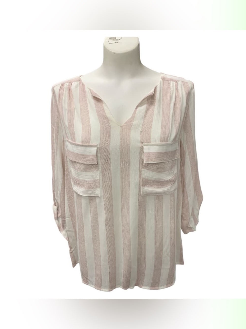 Faith and Joy NWT Pink and White Striped V-Neck Pocket Blouse Size S